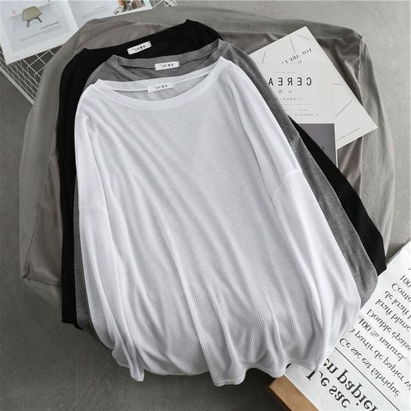 

basic long-sleeved t- shirtt-shirt women's lazy style new korean style loose slimming thin sunscreen shirt white blouse