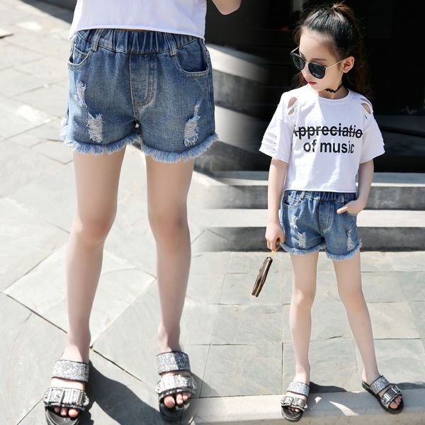 

cgoqz girls shorts holes 45 girls 6 fashion 8 children's clothing 9-year-old middle and large children korean thin pants and jeans chil, Blue