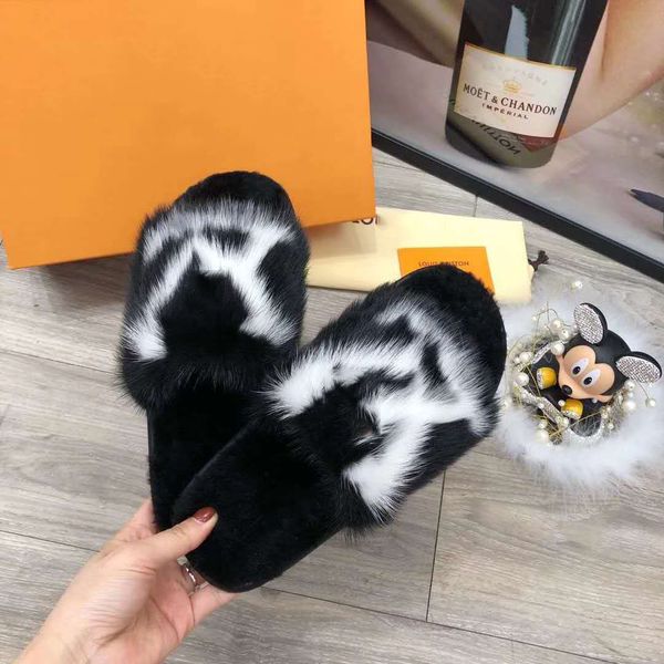 

louis vuitton lv slippers издание полный норка волосы дома и гостиничные тапочки последние легкие и комфортные подошв женщин мягкий теплый м, Black