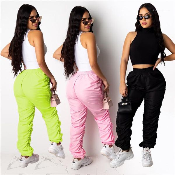 

дизайнерские брюки женские сплошной цвет sweatpants высокой талией сыпучие вскользь ruched упругие талии брюки famale моды, Black;white