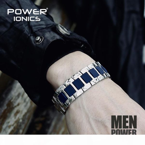 

power ionics fashion black blue white titanium ion health bracelet wristband pt060 sh190925, Golden;silver