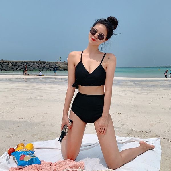 

yu5v4 split swimsuit female big chest small chest steel holder bikini swimsuit bikini gather slim high waist belly spring large siz, Black