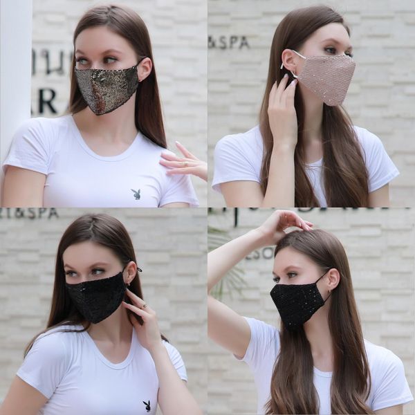 

bling bling diamond face mask fashion trend nightclub bar rhinestones masks washable reusable fishing net face mask 749, Black