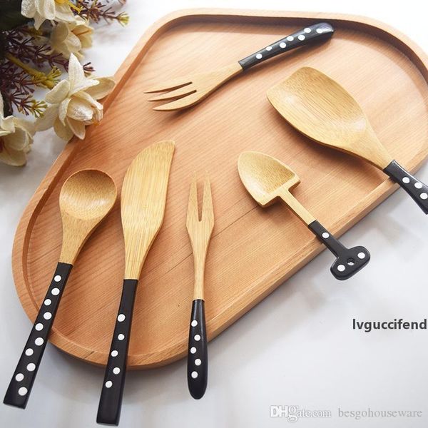 

6 styles bamboo polka dot spoon fork health and environmental protection tableware portable camping travel tableware spoon fork bh1812 cy