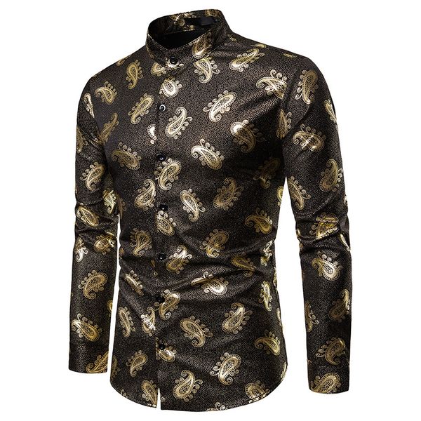 

big and tall size paisley tuxedo shirt autumn streetwear long sleeve stand collar gold floral print shirt for men party wear xxl, White;black