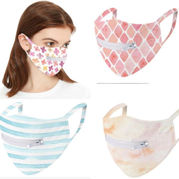 

zipper mask washable quick dry face mask zip open flower striped grid printing cycling mouth masks eat drink face cover d71509, Black;white