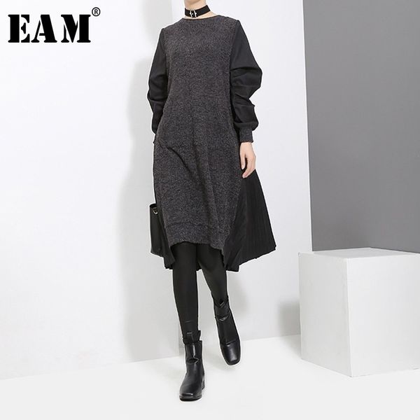 

eam] 2020 new spring round neck long sleeve black back pleated split joint loose irregular dress women fashion tide jd487, Black;gray