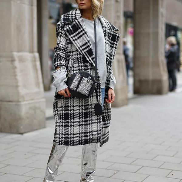

winter coat women women open front printed plaid cardigan suit long sleeve streetwear blouse long coat wool blend, Black