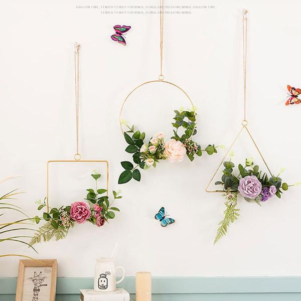 

nordic style golden wrought iron wreath aerial geometric hoop pendant home wall wedding diy wall hanging decoration accessories