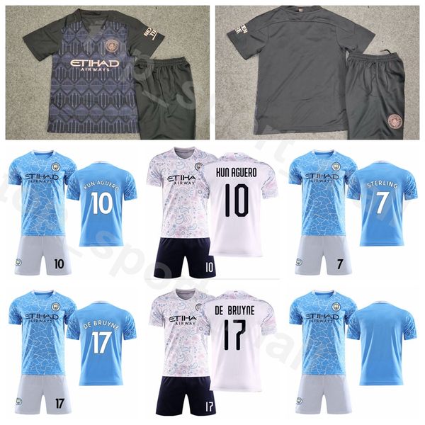 

manchester 2020 2021 city soccer 17 kevin de bruyne jersey set 10 kun aguero 9 gabriel jesus 26 riyad mahrez football shirt kits, Black