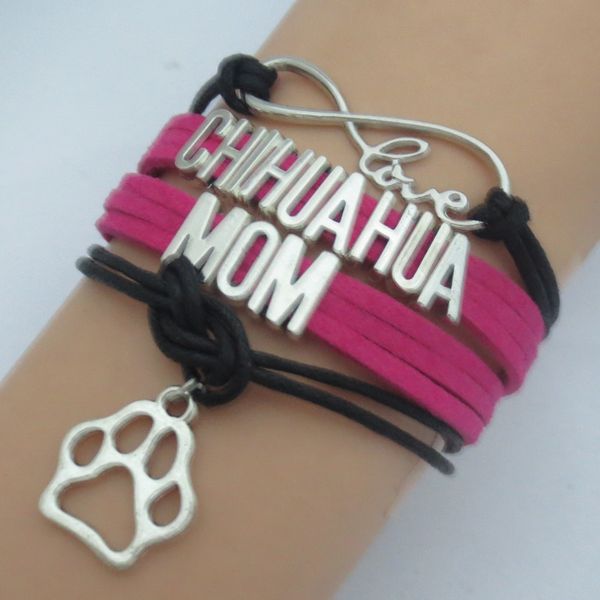 

fashion fuchsia with black braid leather rope retro rectangle infinity love chihuahua mom bracelet dog or cat puppy gift, Golden;silver