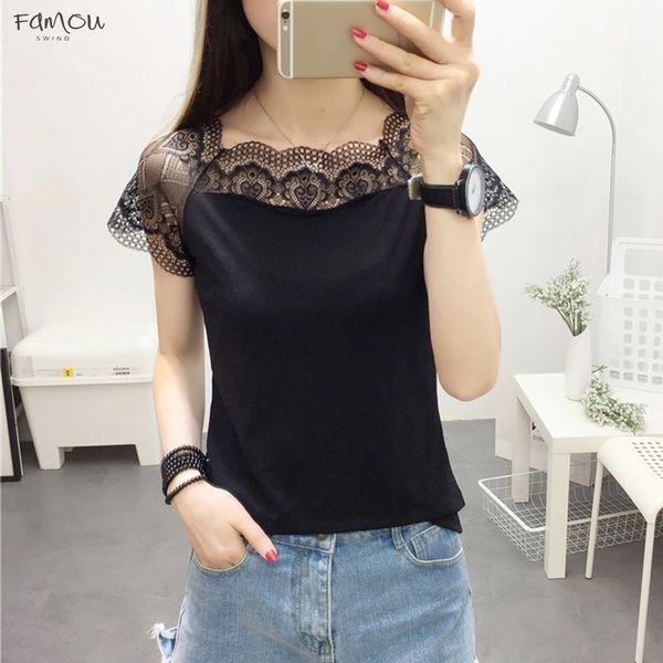

us warehouse low price summer lace patchwork short sleeve casual t shirt women fashion slash neck tee tshirt, White