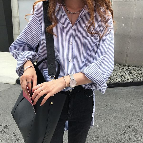 

women's 2020 new chic hong kong-style blue and white vertical stripe women's long sleeve loose lazy shirt shirt style coat