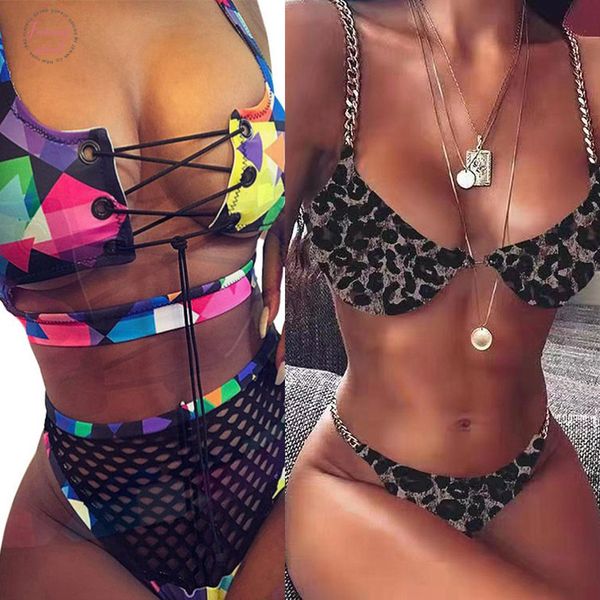 

2020 brazilian bikini set thong halter plus size women swimwear african bikinis print bandage mesh cross high waist bathing suit xl, White;black