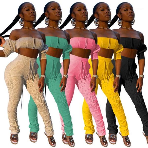 

skinny streetwear pleated summer womens tracksuits wrapped chest crop stacked pants womens designer 2pcs middle waist, Gray