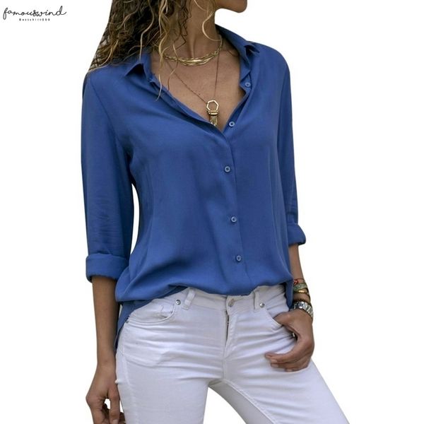 

women blouses 2020 autumn elegant long sleeve solid v neck cap sleeve chiffon blouse female work wear shirts plus size, White