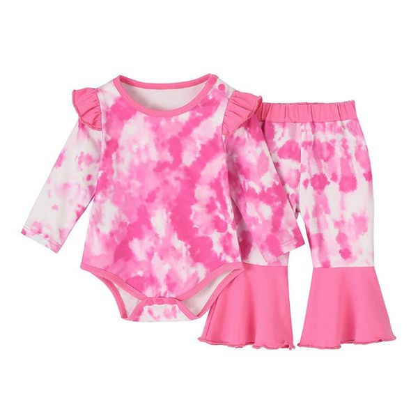 

designer baby girls clothing sets for children autumn long sleeved kids clothing tie-dye print romper + flare pants 2 piece outfits, White