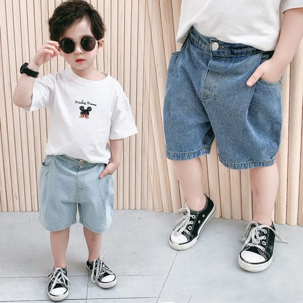 

korean clothing summer 2020 children's boys' washed pants girls' all-match loose medium and jeans children's wear jeans, Blue