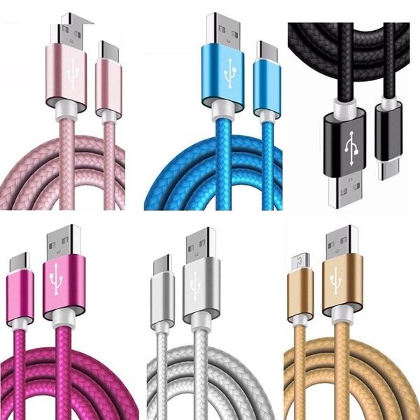 Cavi di ricarica rapida 2.4A Tipo c Cavo micro USB Filo di nylon intrecciato in lega per Samsung S8 S9 S10 Nota 8 9 10 LG Huawei