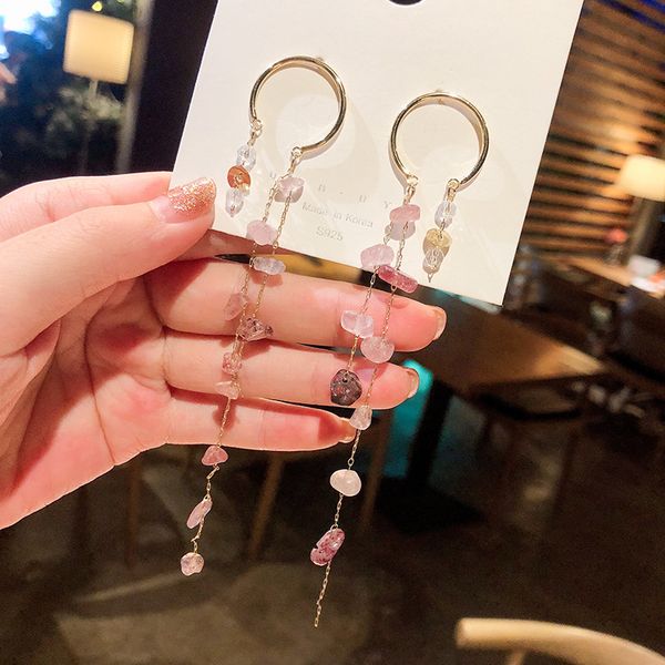 

2020 new korean fashion colorful irregular stone long tassel women's statement earrings, elegant pink pendientes party jewelry, Silver