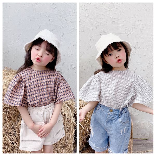 

dxyaf adbaby 2020 new children's shirt children's clothing girls korean style summer clothing plaid short sleeve big bubble sleeve, White;black