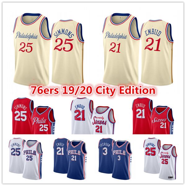 

allen 3 iverson joel 21 embiid men basketball jerseys ben 25 simmons jimmy 23 butler city retro philadelphia nba 76ers 2020, Black;red