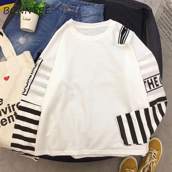 

t-shirts women patchwork fake two pieces loose harajuku long sleeved t-shirt students korean ulzzang holes fashion womens tees, White