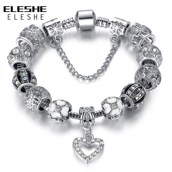 

eleshe european silver color charm bracelet with crystal flower heart beads strand bracelet for women diy jewelry christmas gift, Red;blue