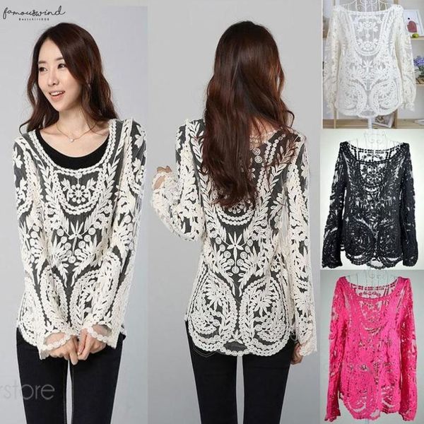

womens clothing fashion crochet solid lace women blouses out lady lace shirt lace blouse, White