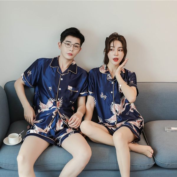 

up3ev guchao style clothes clothes home furnishing clothing silk-like pajamas men's and women's two-piece suit crane positioning f, Black;brown
