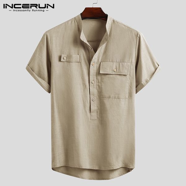 

mens leisure stand collar shirts short sleeve solid color blouse summer cotton buttons camisa breathable pockets blusas incerun, White;black