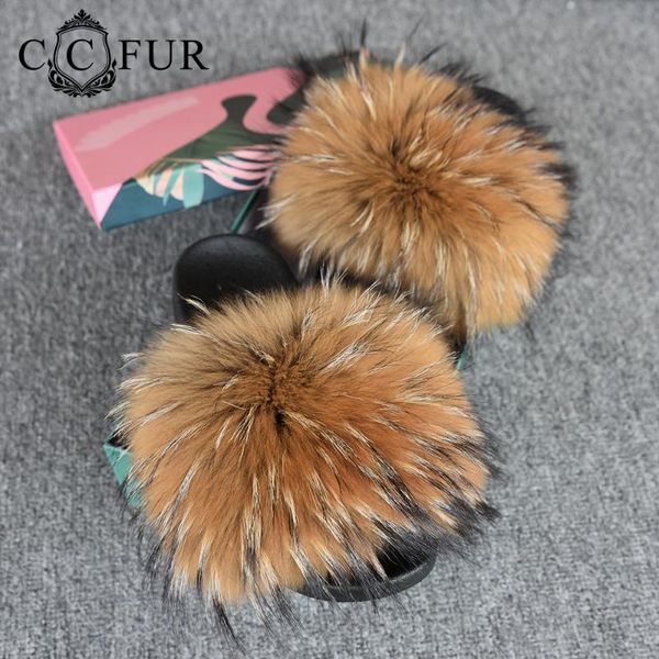 

14cm wider fur slides fashion real raccoon fur slippers women's sliders summer autumn indoor lady s6047, Black