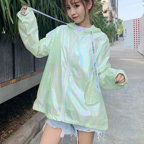 

casual women sport jackets autumn loose fluorescence light jackets femme long sleeve laser shiny coats, Black;brown