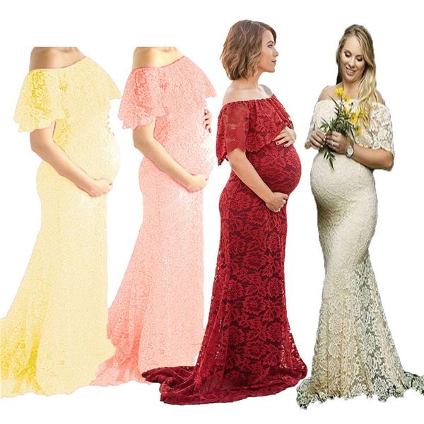 

long maternity pgraphy props maternity dresses for p shoot lace pregnant women's tailed short sleeve one piece dress, White
