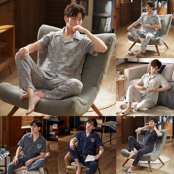 

2020 new men's pajamas cotton cardigan casual trousers casual wear lapel summer short-sleeved trousers mature men's outdoor home w, Black;brown