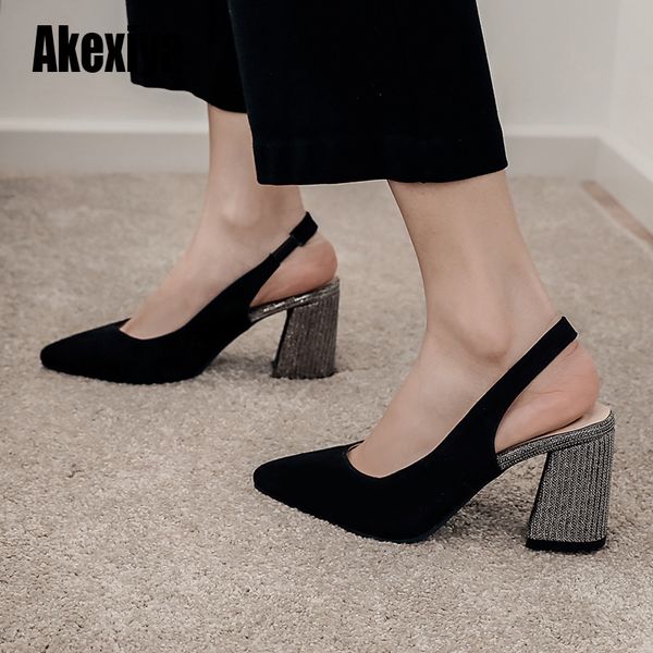 

women pumps summer shoes high heels brand woman party shoes slingback pointed toe buckle strap female dress shoes plus size, Black