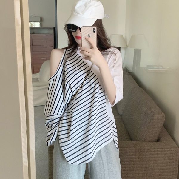 

nana fashion womens clothing store fashion striped stitching design casual t-shirt scheming vulnerability loose foreign style top, White