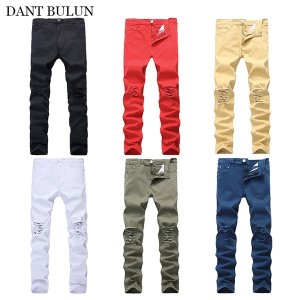 

ripped jeans for men skinny slim stretchy pants high street destroyed hole mens jeans streetwear colorful trousers young, Blue