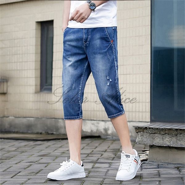 

men's jeans in 2021 summer calf-length thin section stretch hole quality casual shorts, Blue