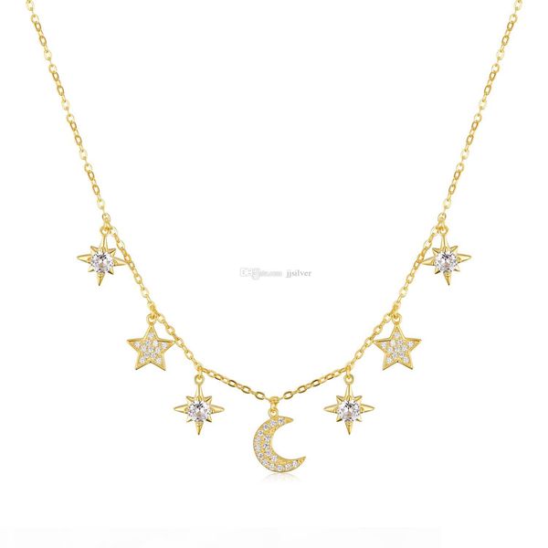 

new fashion drop star and moon choker necklace gold star moon necklace 925 sterling silver for women collar collier ras du cou, Golden;silver