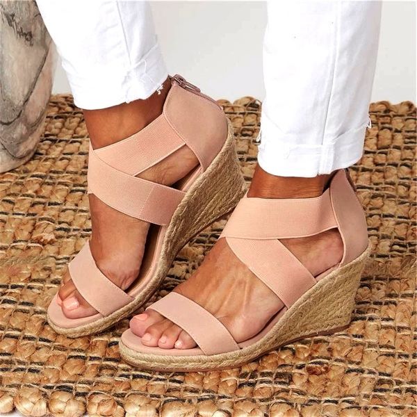 

summer women sandals elastic band peep toe woman wedges shoes cross tie platform hemp bottom lady sandals female plus size 2020 y200620, Black
