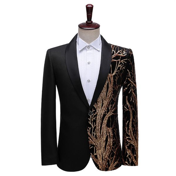 Uomo Paillettes dorate Slim Fit Blazer nero rosso Smoking formale Scialle con un bottone Risvolto Sera Party Bar Nightclub Show Cantante Host Suit Jacket Abiti da sposa