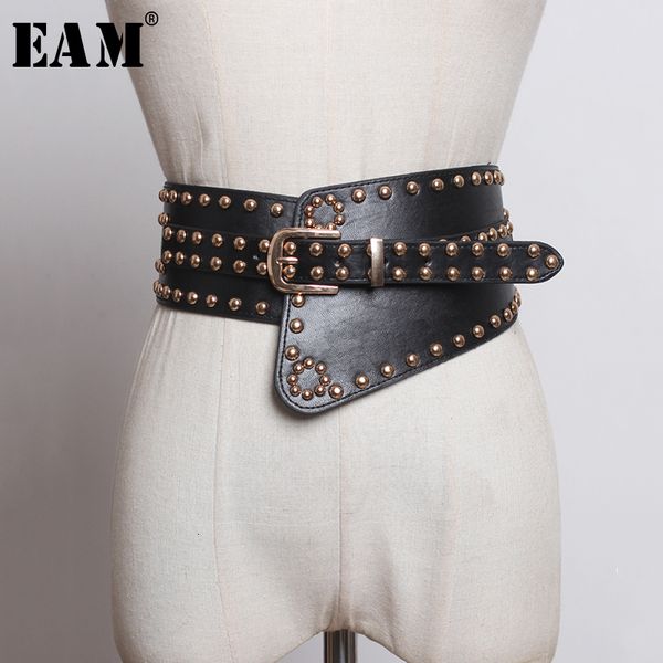 

eam] pu leather black rivet asymmetrical elastic wide belt personality women new fashion all-match spring autumn 2020 1m519, Black;brown