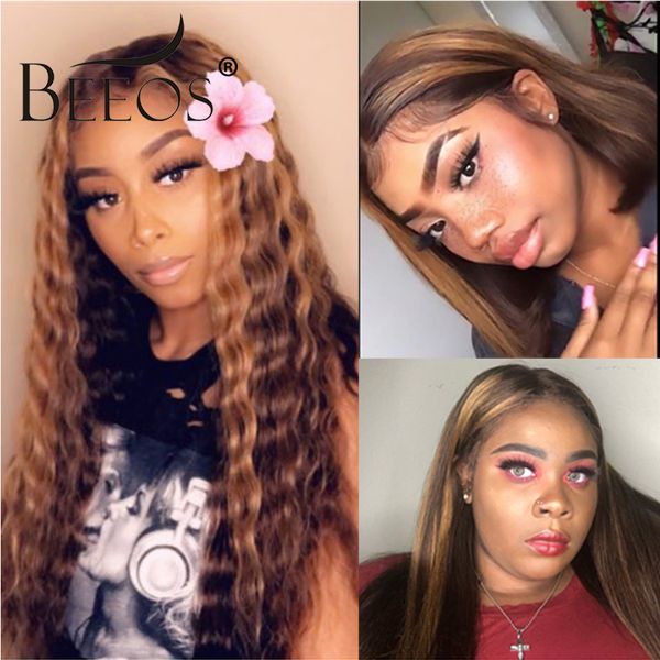 

beeos highlight colored 4/27 180% 360 lace front human hair wig straight preplucked hair line bleached knots brazilian remy hair, Black