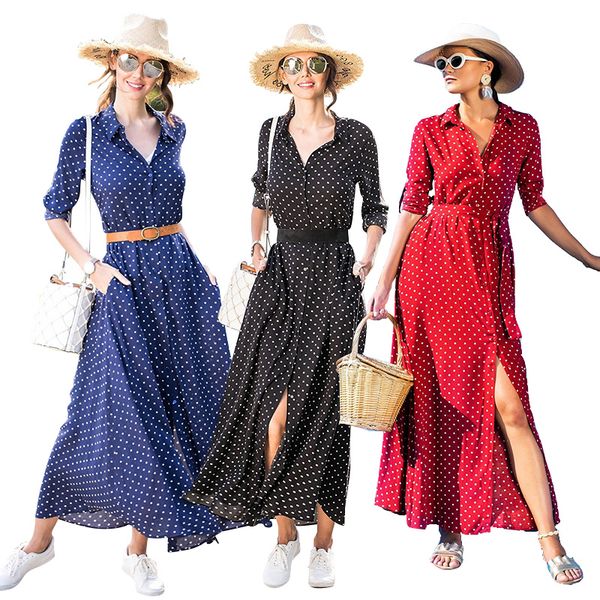 

women fashion lapel long sleeve polka dot slit pockets maxi long dress ladies casual print holiday party shirt dress with belt r, Black;gray