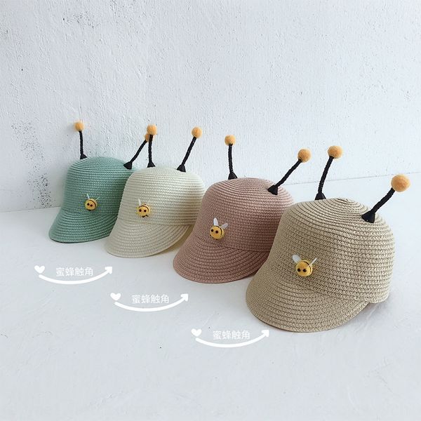 

qiu nan children's straw boy's sun cute little bee girl's sun 's cap baby cap straw hat baby hat, Blue;gray