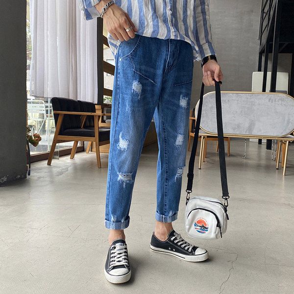 

2020 new fashion summer man jeans cropped jeans men denim, Blue