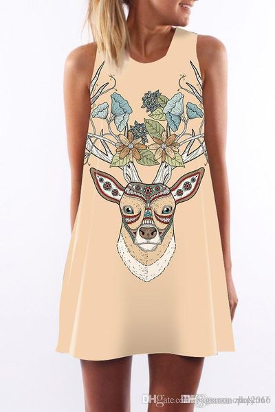 

women dress crew neck summer new style sling sleeveless hip wrap lady five-color deer print skirt casual pencil dresses size s-xl, Black;gray