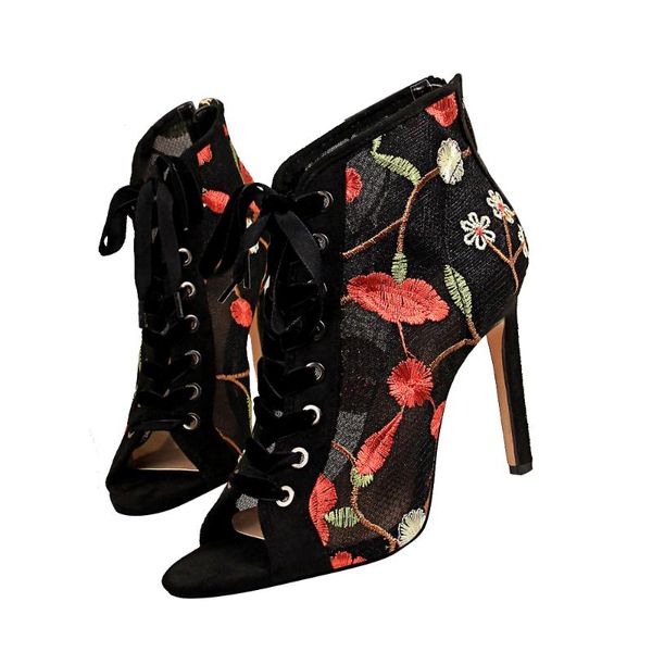 

women's sandals 2020 summer women's shoes high-heeled sandals supplier hollow lace mesh flower supplier chinese style, Black