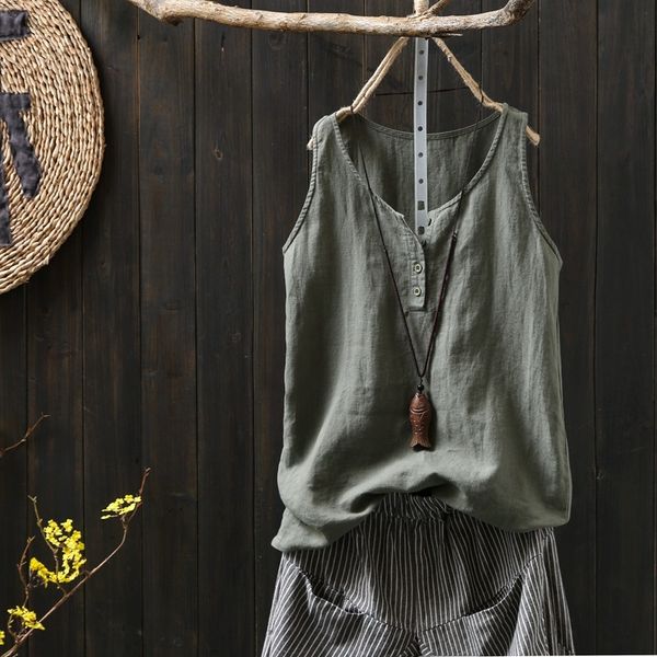 

ya mulan new large size women's vest hemp cotton sleeveless vest literary style casual wear top, Camo